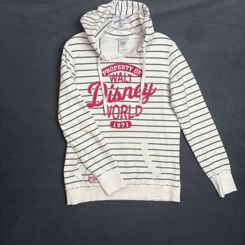 Walt Disney World Parks Hoodie Sweatshirt Womens Medium White Black Stripe Pink